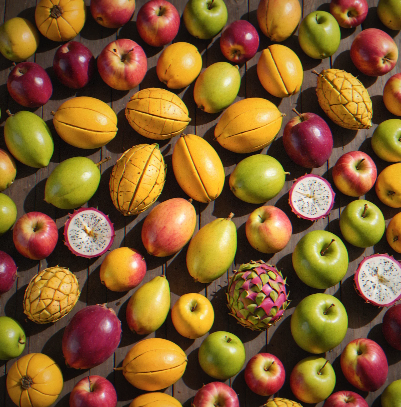 Assorted fresh mangoes, dragon fruit, and heirloom apples on display table